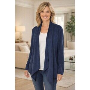 JM Collection Faux Suede Jacket 2X Plus Navy Draped Open Front Cardigan Blazer